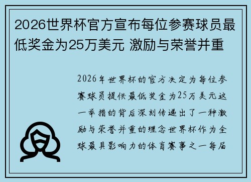 2026世界杯官方宣布每位参赛球员最低奖金为25万美元 激励与荣誉并重 2026世界杯官方宣布每位参赛球员最低奖金为25万美元 激励与荣誉并重